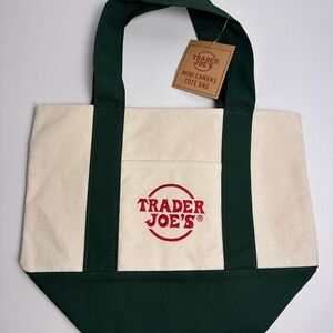 Trader Joe's Mini Canvas Tote Bag in Natural and Dark Green. NWT